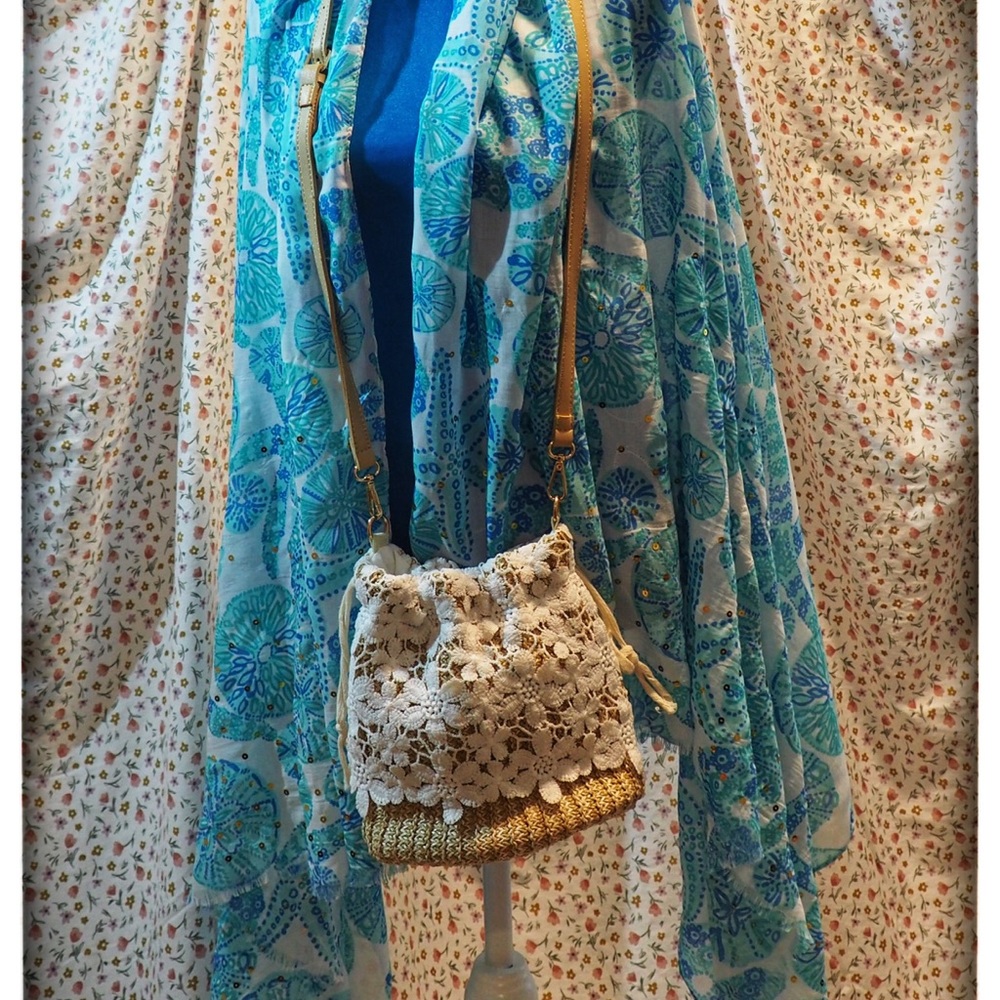 Straw and Lace Crossbody Bucket Purse